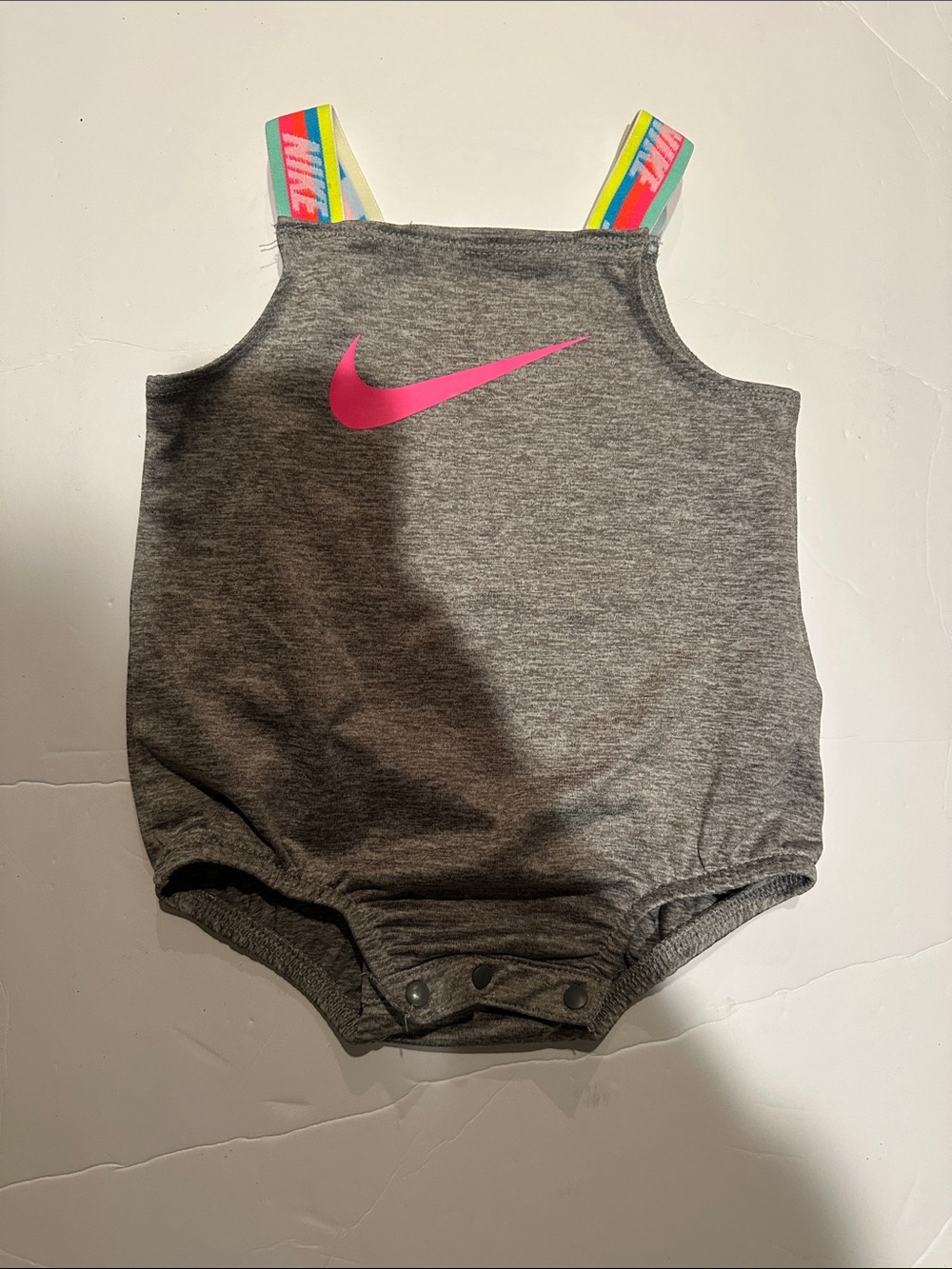 Nike Grey Baby Romper with Pink Swoosh and Rainbow Straps - Picture 1 of 4